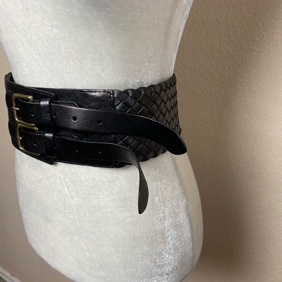 Linea Belle Black Woven Leather Double Buckle Wide Belt Size Medium - Picture 3 of 6